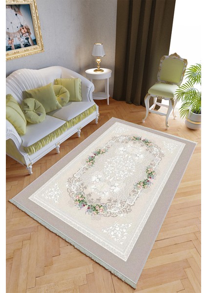 Klasik Salon Halısı Bej Yolluk Kaymaz Yuvarlak Oval Kesme Ince Yıkanabilir Halı
