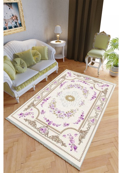 Klasik Salon Halısı Ekru Kahverengi Mor Yolluk Kaymaz Yuvarlak Oval Kesme Ince Yıkanabilir Halı