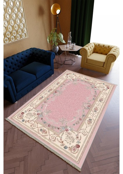 Salon Halısı Spor Pembe Krem Yolluk Kaymaz Yuvarlak Oval Kesme Ince Yıkanabilir Halı