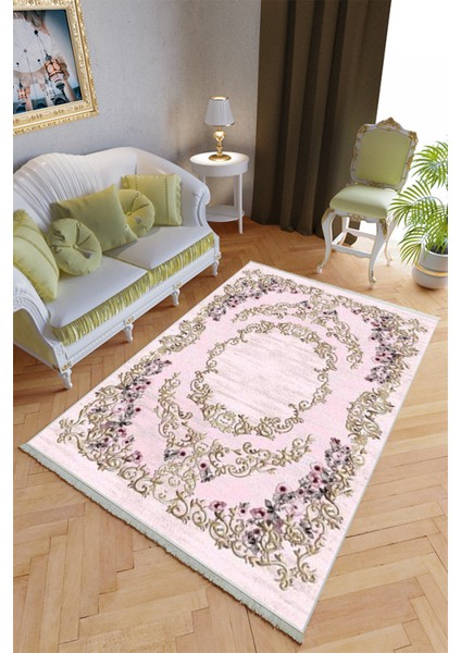 Klasik Salon Halısı Pembe Mor Yolluk Kaymaz Yuvarlak Oval Kesme Ince Yıkanabilir Halı