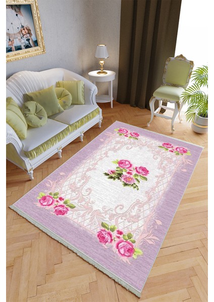 Klasik Salon Halısı Pembe - Mor Yolluk Kaymaz Yuvarlak Oval Kesme Ince Yıkanabilir Halı
