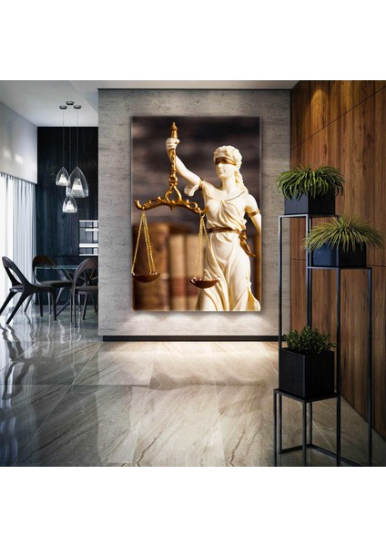 Themis Heykeli Gold Detaylı Hukuk Bürosu Dekor Kanvas Tablo