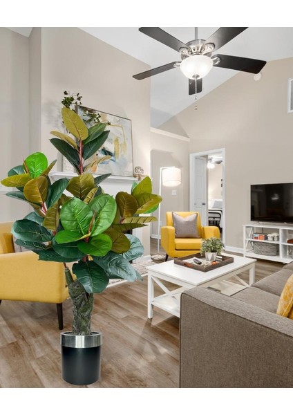 Yapay Ağaç Kauçuk Ağacı Metal Gümüş Kemerli Saksıda Ficus Elastica Salon Çiçeği 150*90 61 Yaprak