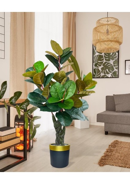 Yapay Ağaç Kauçuk Ağacı Metal Gold Kemerli Saksıda Ficus Elastica Salon Çiçeği 150*90 61 Yaprak