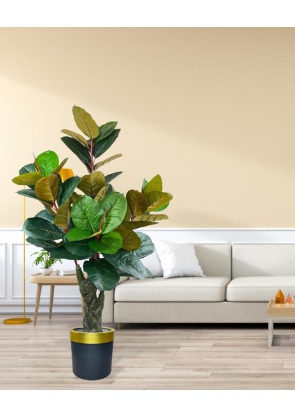 Yapay Ağaç Kauçuk Ağacı Metal Gold Kemerli Saksıda Ficus Elastica Salon Çiçeği 150*90 61 Yaprak