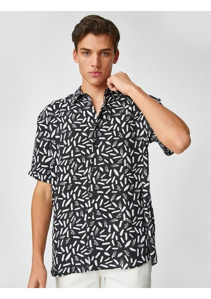 3SAM60149HW 9d9 Siyah Desenli Erkek Viskoz Woven Tops Gömlek