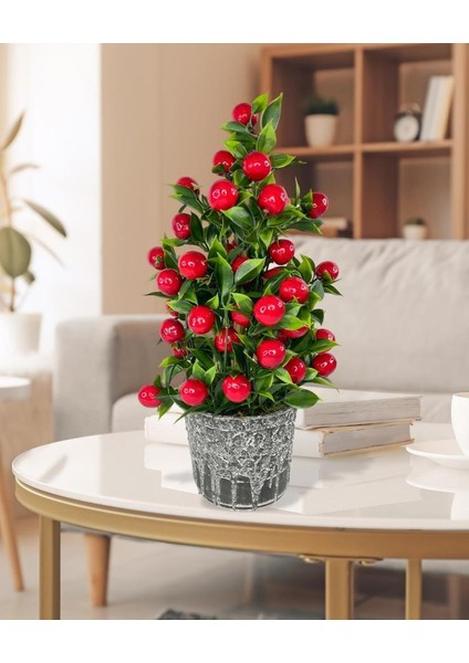Yapay Çiçek Gri Seramik Saksıda Kiraz Ağacı Kırmızı Top Çiçek
