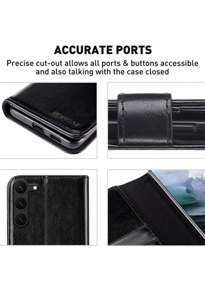 Samsung Galaxy S23 Cüzdan Kılıf Kamera Korumalı Kapaklı Standlı Kartvizit Bölmeli Deri Dokulu Ön Arka Korumalı Kapak