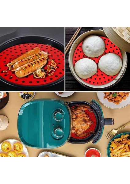 23 Cm'lik Kırmızı Renkte Isıya Dayanabilen ve Yıkanabilen Yuvarlak Silikon Airfryer ve Fırın Matı