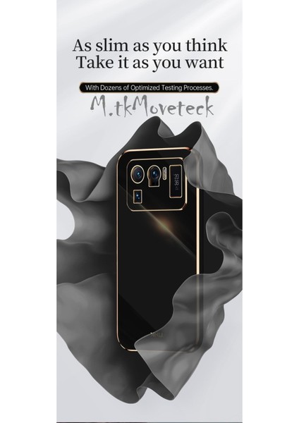 MTK Moveteck Xiaomi Mi 11 Ultra Uyumlu Kılıf Kamera Korumalı Parlak Gold Kenarlı Yumuşak Silikon Kapak Altın Işlemeli Tarz Silikon