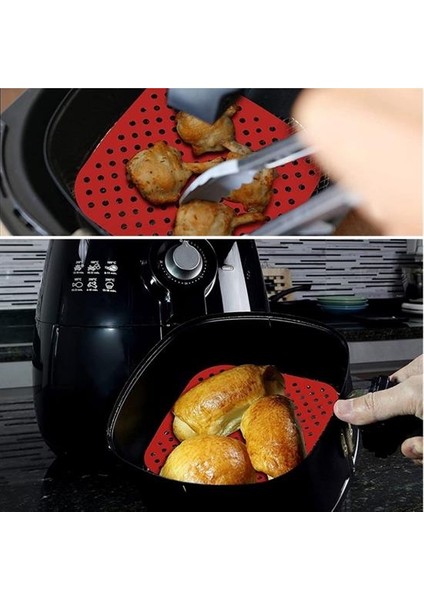 21,5 Cm'lik Kırmızı Renkte Isıya Dayanabilen ve Yıkanabilen Kare Silikon Airfryer ve Fırın Matı