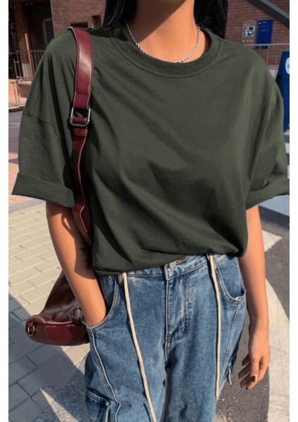 Haki Basic Düz Baskısız Oversize Salas Boyfriend Kadın T-Shirt