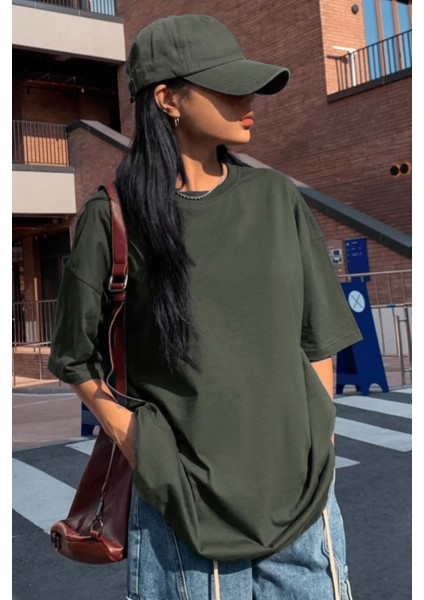 Haki Basic Düz Baskısız Oversize Salas Boyfriend Kadın T-Shirt fiyatları