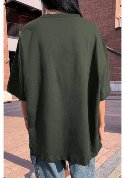 Haki Basic Düz Baskısız Oversize Salas Boyfriend Kadın T-Shirt modelleri