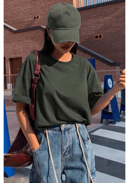 Haki Basic Düz Baskısız Oversize Salas Boyfriend Kadın T-Shirt indirimleri