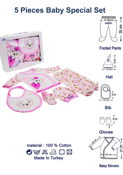Yeni Doğan Kız Bebek Hastane Çıkışı Kıyafeti 5 Parça Pembe Panda Desenli
