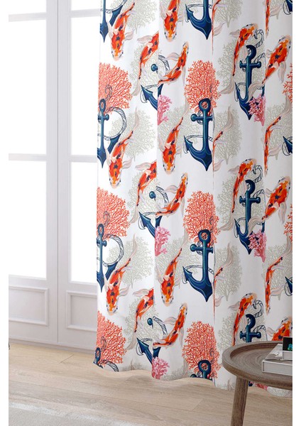 Turuncu Beyaz Balık Marin Desenli Dijital Baskılı Perde CGH013-PR fiyatları