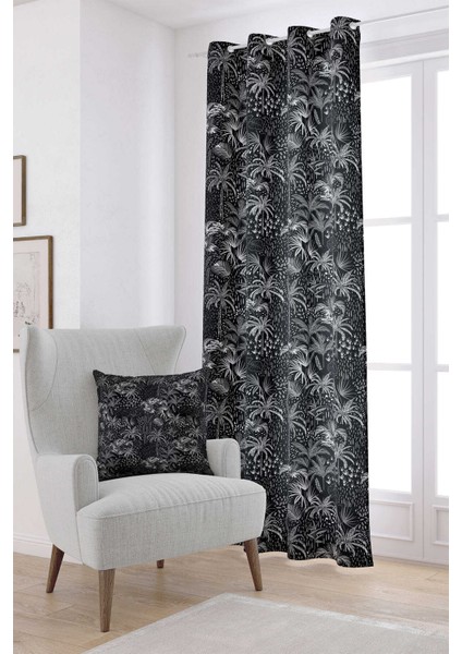 Beyaz Siyah Tropikal Palmiyeli Dijital Baskılı Perde CGH038-PR