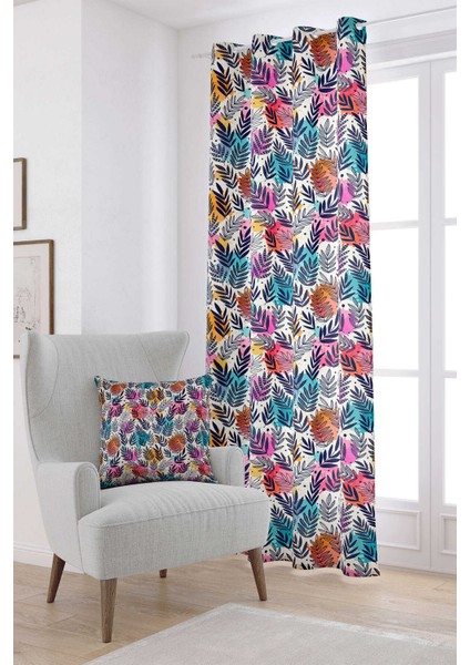 Krem Çok Renkli Yaprak Desenli Dijital Baskılı Perde CGH063-PR