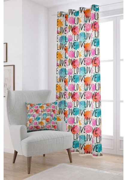 Beyaz Çok Renki Love Yazılı Dijital Baskılı Perde CGH068-PR