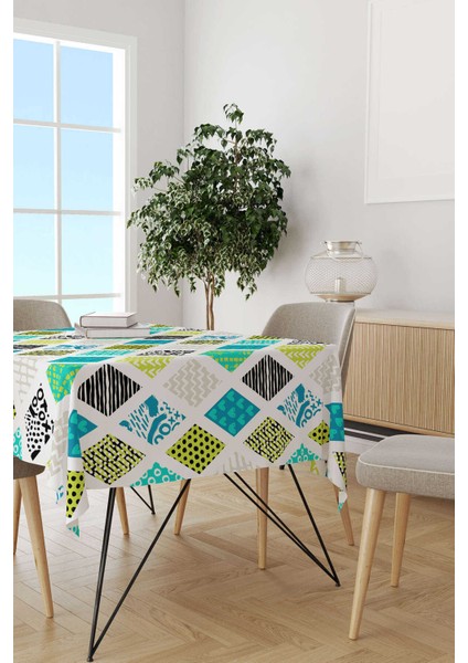 Mavi Yeşil Modern Geometrik Desenli Masa Örtüsü CGH065-MS