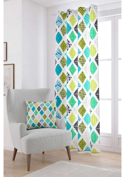Mavi Yeşil Modern Geometrik Desenli Dijital Baskılı Perde CGH065-PR