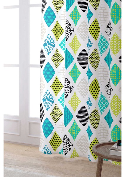 Mavi Yeşil Modern Geometrik Desenli Dijital Baskılı Perde CGH065-PR fiyatları