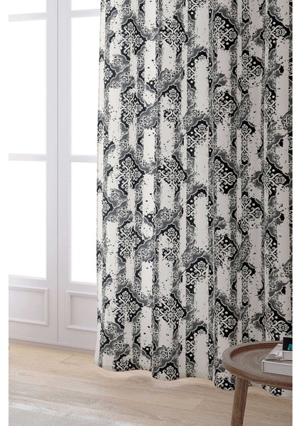 Siyah Krem Damask Desenli Dijital Baskılı Perde CGH099-PR