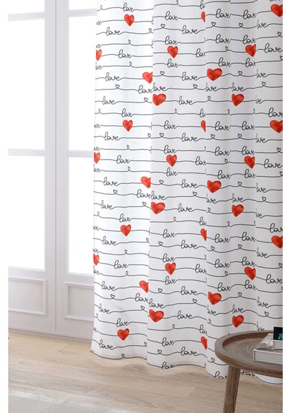 Beyaz Kırmızı Love Yazılı Kalp Desenli Dijital Baskılı Perde CGH1004-PR fiyatları
