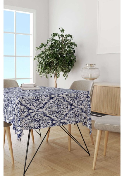 Lacivert Beyaz Damask Desenli Masa Örtüsü CGH089-MS