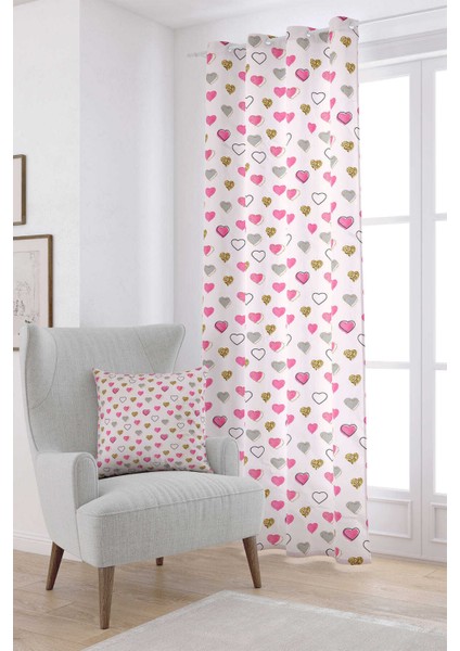 Pembe Siyah Modern Kalp Desenli Dijital Baskılı Perde CGH1003-PR