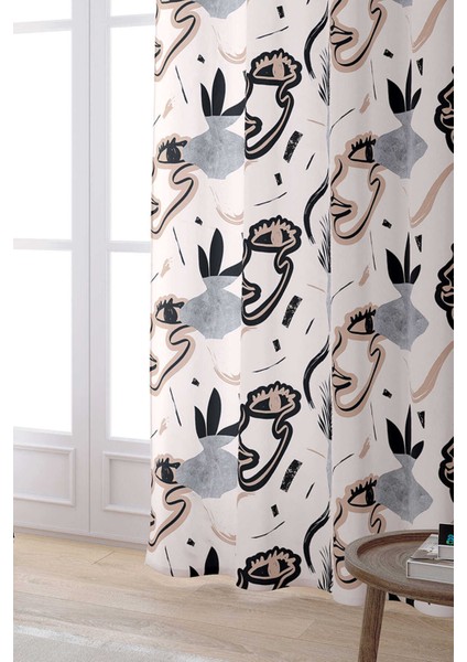 Siyah Krem Renkli Modern Siluet Desenli Dijital Baskılı Perde CGH1098-PR fiyatları
