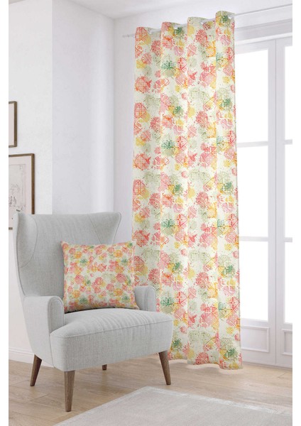 Sarı Turuncu Etnik Çiçekli Dijital Baskılı Perde CGH110-PR