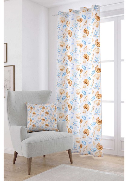 Mavi Turuncu Marin Desenli Dijital Baskılı Perde CGH1135-PR