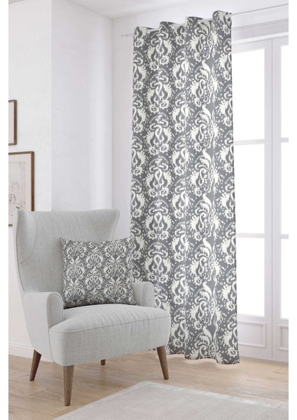 Gri Beyaz Damask Desenli Dijital Baskılı Perde CGH115-PR