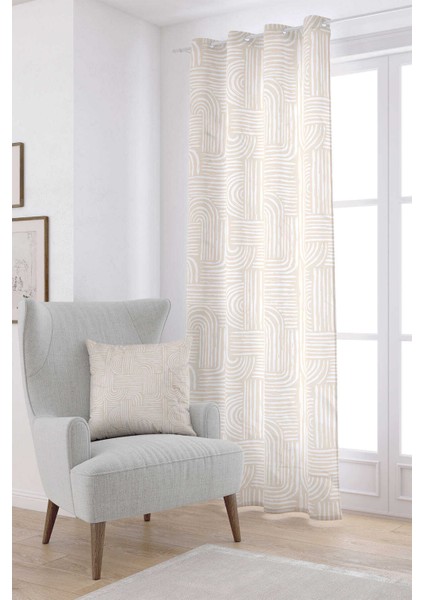 Krem Beyaz Bohem Iskandinav Geometrik Desenli Dijital Baskılı Perde CGH1207-PR