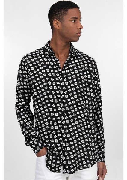 Slim Fit Dar Kesim Uzun Kol Baskılı Desen Viskon Tensel Spor Erkek Gömlek - Tudors