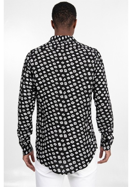 Slim Fit Dar Kesim Uzun Kol Baskılı Desen Viskon Tensel Spor Erkek Gömlek - Tudors