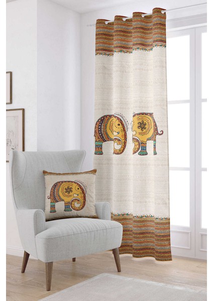 Krem Etnik Fil Desenli Dijital Baskılı Perde CGH1256-2-PR