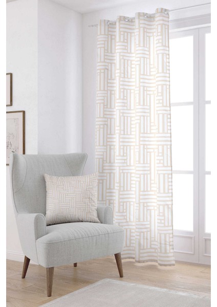 Krem Beyaz Bohem Iskandinav Geometrik Desenli Dijital Baskılı Perde CGH1208-PR