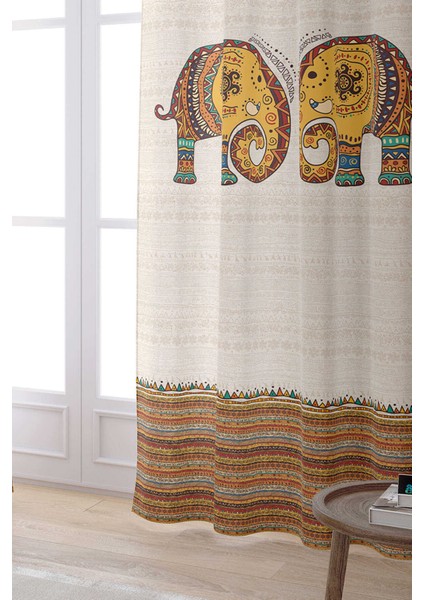 Krem Etnik Fil Desenli Dijital Baskılı Perde CGH1256-2-PR fiyatları