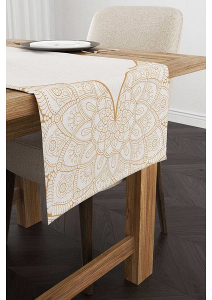 Krem Sarı Ramazan Temalı Dekoratif Mandala Desenli Dijital Baskılı Runner CGH1303-2-RN