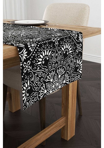 Beyaz Siyah Ramazan Temalı Dekoratif Mandala Desenli Dijital Baskılı Runner CGH1296-RN