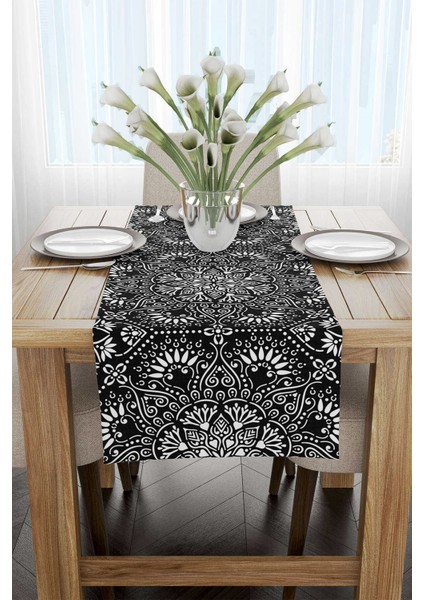 Beyaz Siyah Ramazan Temalı Dekoratif Mandala Desenli Dijital Baskılı Runner CGH1296-RN fiyatları