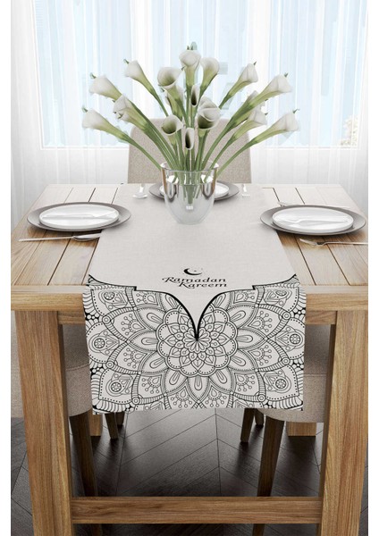 Gri Siyah Ramazan Temalı Dekoratif Mandala Desenli Dijital Baskılı Runner CGH1302-RN fiyatları