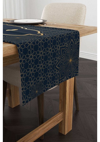 Lacivert Sarı Ramazan Temalı Dekoratif Desenli Dijital Baskılı Runner CGH1295-RN