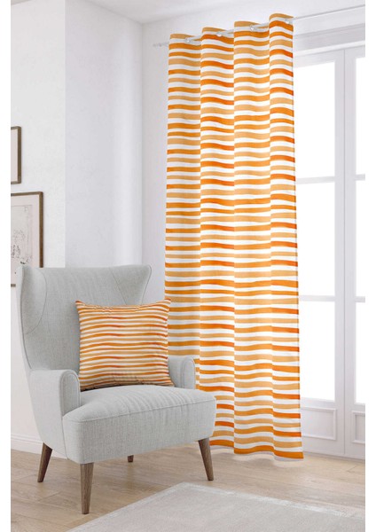 Beyaz Turuncu Çizgili Dijital Baskılı Perde CGH152-PR