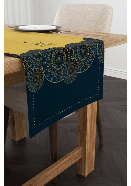 Lacivert Sarı Ramazan Temalı Dekoratif Desenli Dijital Baskılı Runner CGH1342-RN