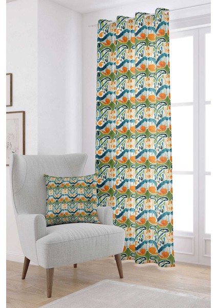 Mavi Turuncu Etnik Dekoratif Dijital Baskılı Perde CGH154-PR