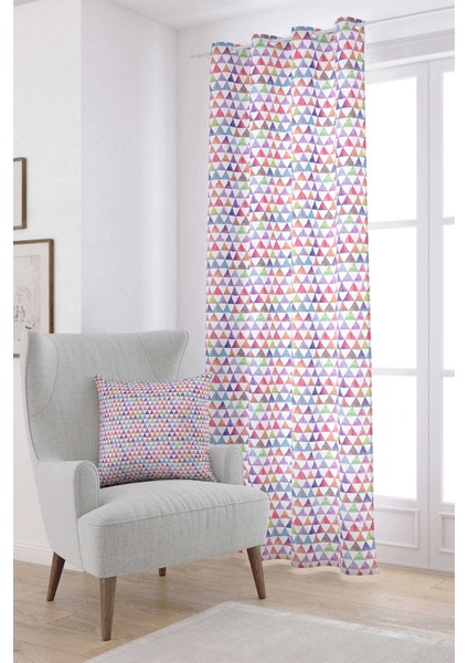 Beyaz Çok Renkli Geometrik Desenli Dijital Baskılı Perde CGH258-PR